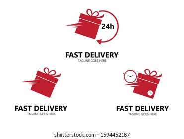 Set of 3 modern fast delivery icon logo, express delivery, quick move isolated on white background. Vector illustration with gift box and clock