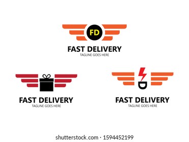 Set of 3 modern fast delivery icon logo, express delivery, quick move isolated on white background. Vector illustration with wings, letter f d uppercase, gift box and flash sign