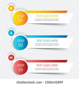 Set of 3 modern infographics, labels, banners  template design with different colors and circles icon , isolated on bright background. Colorful concept with 3 options, parts, steps, processes