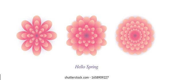 Conjunto de 3 flores modernas aisladas. Elementos florales rosas abstractos. Plantilla de impresión creativa para postal, invitación, tarjeta de felicitación. Ilustración vectorial de moda.