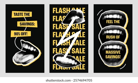 Set of 3 modern social media story templates with vector halftone collage mouths, bright yellow accents, and dynamic text layouts, perfect for promoting flash sales and discounts.