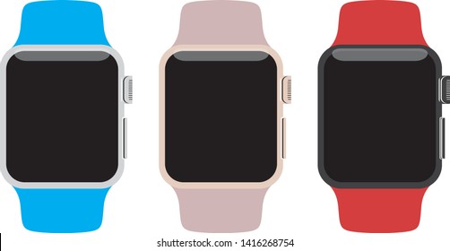 Set of 3 modern sport smart watches silver, gold, black, with colorful bands isolated on white background. EPS 10 vector illustration