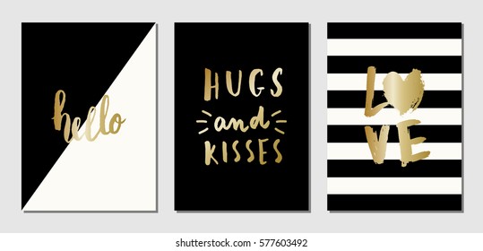 A set of 3 modern and stylish greeting card templates for Valentine's Day in black, white and gold.