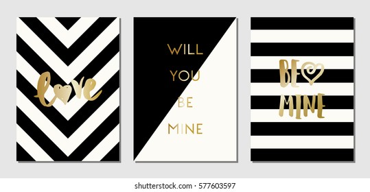 A set of 3 modern and stylish greeting card templates for Valentine's Day in black, white and gold.