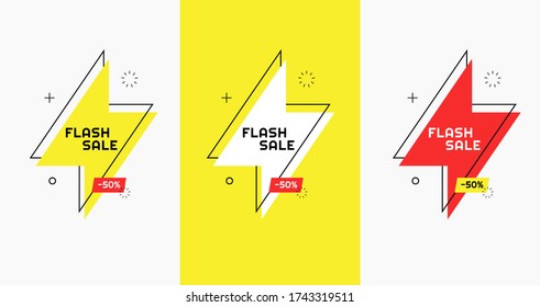 Set of 3 modern vivid vector flash sale banner. Lightning bolt designed in mempthis style with black outline and geometric elements, red and yellow colors. Eps 10 vector