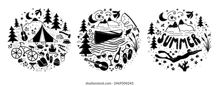 Set von 3 monochromen Abzeichen, die die Essenz von Outdoor-Abenteuern einfangen. Mit Freizeitkleidung inmitten der Natur Schönheit - Zelt, Gitarre, Lagerfeuer, Berge und mehr. In transparenter Vektorgrafik.