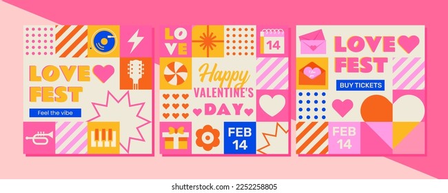 A set of 3 mosaic-style templates to celebrate Valentine's Day festival. The design is perfect as a holiday invitation, postcard or social media ad and much more