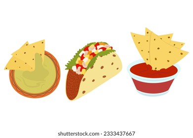 Set of 3 most popular Mexican dishes. Tacos, nachos and salsa sauce. Latin American food cuisine.