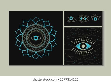 Set of 3 mystical vector posters devoted to Evil Eye magical talisman. Elegant artistic design showcasing sacral Evil Eye symbol with teal mandala, space chaotic pattern and triple open eyes variants.