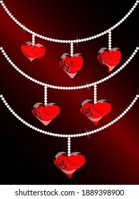 Set of 3 necklaces with red hearts on gradient background