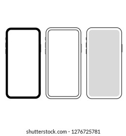 Set of 3 new slim smartphones vector icon isolated on white background. Black and white cellphone with a touchscreen. Outline icon of the modern mobile phone. Vector flat icons