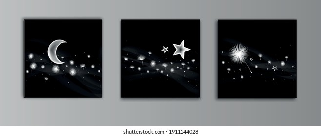 set of 3 Night illustrations with a black background, with dandelions.