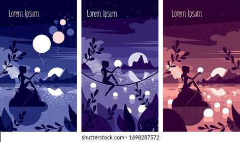 Set of 3 night nature vector landscapes. Pixie girl sits on a stone. Beautiful luminous balls floating on the sea. Summer fairy tale view. Can be used for banner, gift card, flyer, poster, book cover.