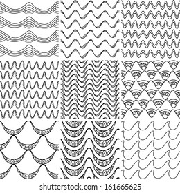 Set 3 Nine black and white wave patterns. Seamless pattern can be used for wallpaper, surface textures, web page background. Seamless wave background in vector