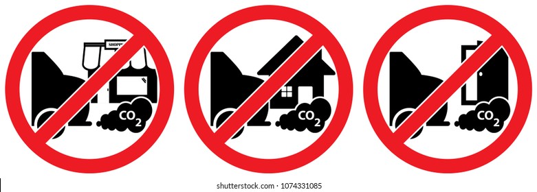 Set of 3 No Parking due to CO2 signs. Signage used to reduce carbon emissions in front of a door or entrance, a house or shop isolated on white background, warning labels vector eps 10.