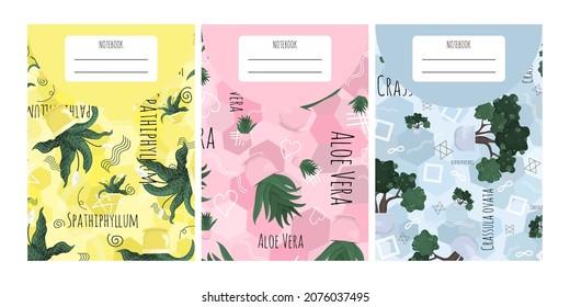 Set of 3 notebook covers in vertical A4 format. Covers with patterns in yellow, pink and blue with house plants, symbols and text. Cute printable covers. isolated on white background. 