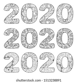 Set of 3  numbers 2020 patterned with  henna mehndi flowers. Isolated on white. Handwritten fonts 2020 for decorate calendar, banner, poster, invitation, new year card, adult coloring book. eps 10