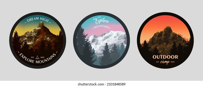 Set of 3 old fashion postcard style stickers illustration. Mountains and trees with light gradient sky. Retro design round patch with lettering