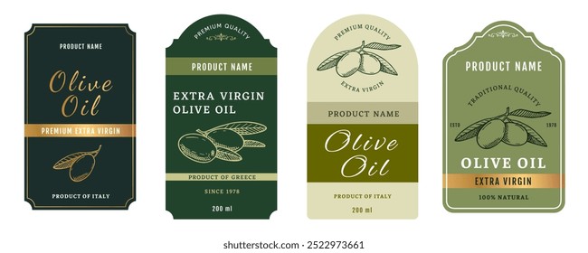 Set 3 of olive oil labels isolated on white background. Healthy vegetarian organic food. Vector Illustration. 