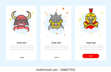 set of 3 on baording (onboarding),welcome, screen warriors samurai, viking, spartan, characters for mobile phone - Vector 