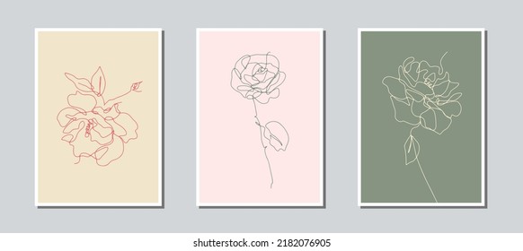 Set of 3 one single line drawing rose flower on earthy background color card template