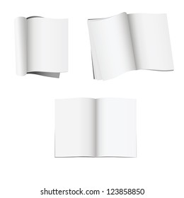 Set of 3 opened magazines with blank pages isolated on white background
