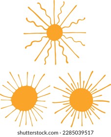 A set of 3 orange suns with different rays for decorating cards, invitations. Hand drawn vector illustration