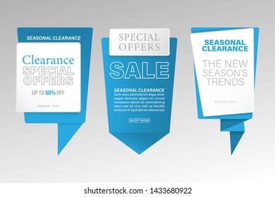 Set of 3 origami banner templates. Clearance sale, Specia offer poster. 