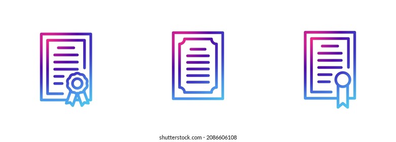 Set of 3 outline certifciate icon purple gradient effect.