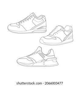 set of 3 outline. Cool Sneakers. Shoes sneaker outline drawing, Sneakers drawn in a sketch style, sneaker trainers template outline, Set Collection.Illustration.