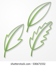 Set of 3 outline vector silhouettes of green leaves with shadow.