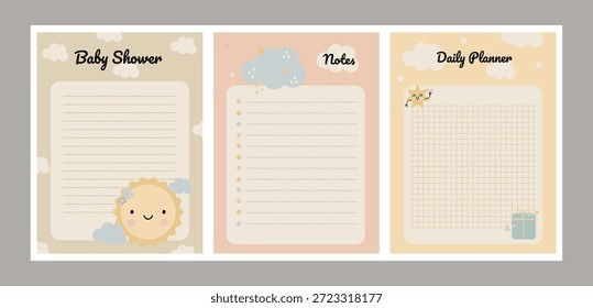 Un conjunto de 3 páginas para un planificador en un estilo lindo de los niños con un sol, estrellas y un regalo. Páginas de Vertical para un diario. 