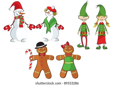 A set of 3 pairs of elves, snowmen and gingerbread men