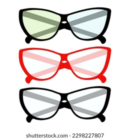 Set of 3 pairs of glasses with transparent and colorful lenses in a red and black frame. Vector. EPS