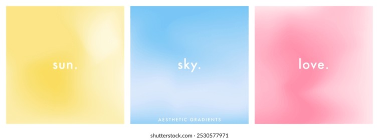 Set of 3 pastel colored square gradient background.  Aesthetic. Abstract sky. Light yellow, blue, pink color vector banner. Simple soft light backdrop. Gradient template design for poster, social post