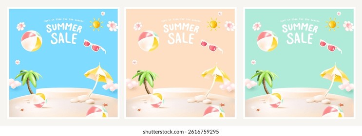 Set of 3 pastel summer beach sale banners with blue, peach, and mint green backgrounds. Includes cute 3D beach elements for seasonal promotion and product display.
