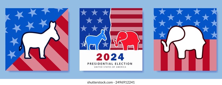 Conjunto de 3 carteles patrióticos que destacan las elecciones presidenciales de Estados Unidos de 2024. Símbolo del partido demócrata - burro azul, y símbolo del partido republicano - elefante rojo sobre un fondo de bandera estadounidense con texto.