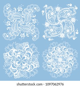 set of 3 pattern elements  made in knitting napkin style in white color in vector graphic. Ornament has a lot of elements