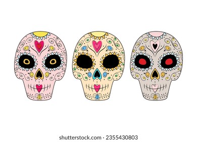 Set of 3 patterned abstract sugar skulls. Day of the Dead. Dia de los Muertos. Mexico. Vector. EPS