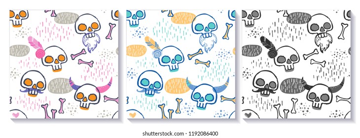 Set of 3 Patterns differing in color scheme. Funny skulls with different characters.
