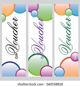 A set of 3 patterns of gift vouchers. Multi-colored circles.
