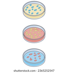 Set von 3 Petrischalen bunten Symbolen mit Bakterienwachstum, einfache Vektorgrafik Design. Medizinisches Kartoon-Symbol für Websites, Vorträge, Präsentationen usw.