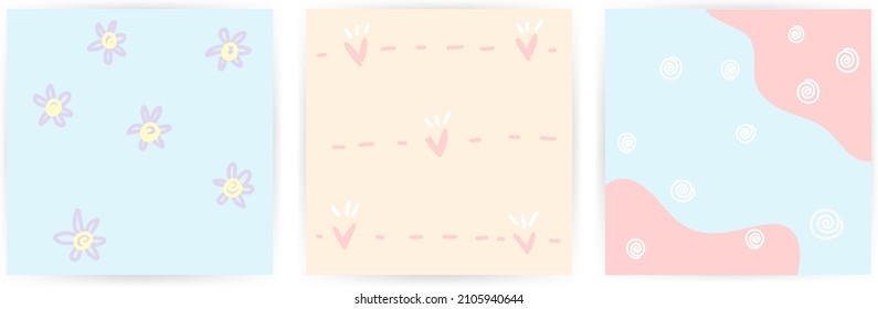 Set 3 pf cute pastel square cards with hand draw doodle line art in sweet pastel tone color. Idea for mini card, thank you card, lovely and adorable