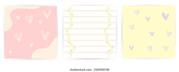 Set 3 pf cute pastel square cards with hand draw doodle line art in sweet pastel tone color. Idea for mini card, thank you card, lovely and adorable