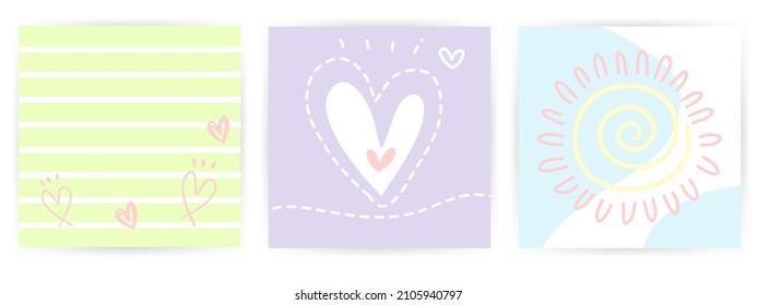 Set 3 pf cute pastel square cards with hand draw doodle line art in sweet pastel tone color. Idea for mini card, thank you card, lovely and adorable