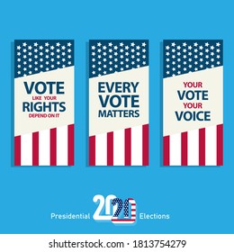 Set of 3 phrases to encourage people to vote with the flag of the united states as the background and thick sans serif letters as the central part. Banner design with patriotic elements