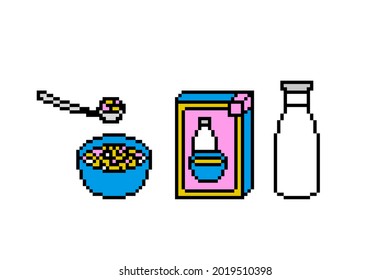 Set of 3 pixel art breakfast icons isolated on white background. 8 bit box and bowl of cornflakes and a bottle of milk. Old school vintage retro 80s, 90s 2d computer, video game, slot machine graphics