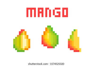 Set of 3 pixel art mango (uncut, cut in half, sliced) icons isolated on white. Collection of 8 bit exotic tropical fruit symbols. Old school vintage retro 80s, 90s slot machine/video game graphics.