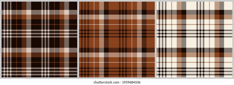 set of 3 plaid fabric seamless textures brown, black and beige checkered stipes for gingham, tablecloths, shirts, tartan, clothes, dresses, bedding, blankets, costume