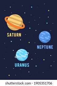 Set 3 Planet Solar System, Saturn Uranus  Neptune. Illustrations vector graphic of the solar system in flat design cartoon style. solar system poster design for kids learning. space kids.